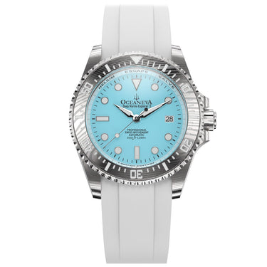 Oceaneva Mens Deep Marine Explorer II Damascus Steel Watch Sky Blue Dial White Rubber